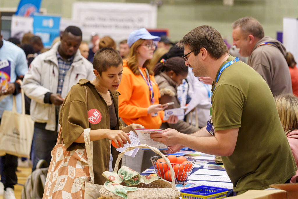 Students talking at the busy freshers fayre