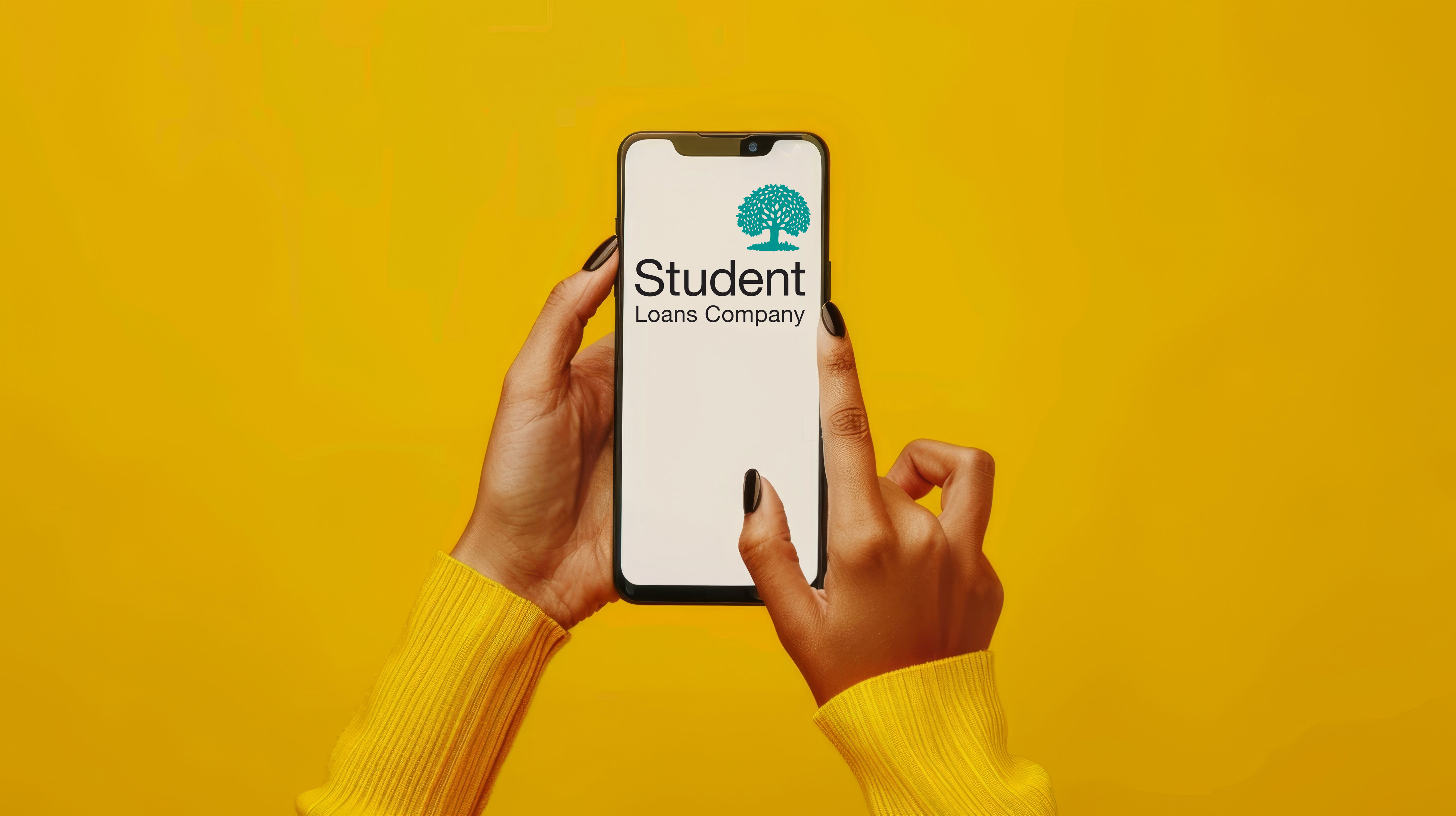 Yellow sleeved female arms give way to hands that hold a phone with the Student Loans Company Logo on it.