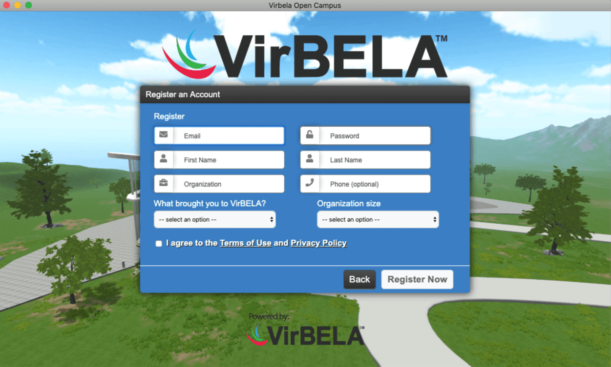 VirBELA registration screen